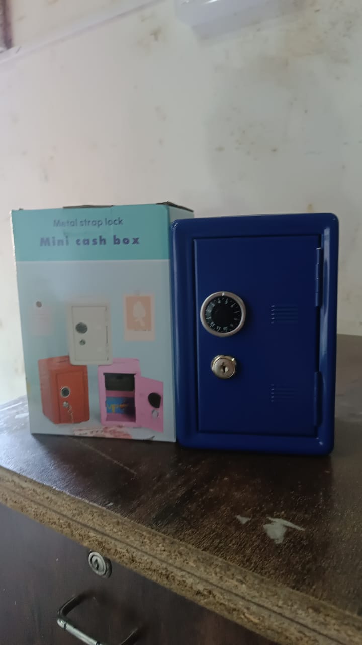 savings box with keys for school use, sturdy money box for daily use, metal piggy bank under 500, secure coin storage box India