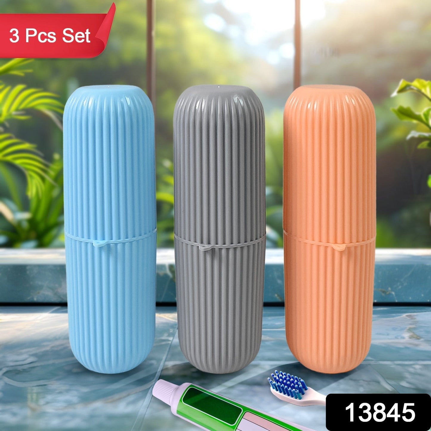 travel-size toothbrush holder in capsule design, compact hygiene kit case for travel use, multicolor capsule toothbrush organizer, dental travel case with lid, 3-piece portable oral care kit holder