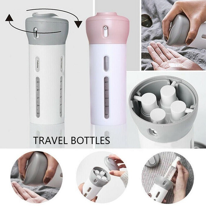 Travel set with refillable bottles, travel dispenser bottle, 4-in-1 travel bottle, leak-proof cosmetic container, refillable travel bottles, multicolor travel kit, travel toiletry bottle