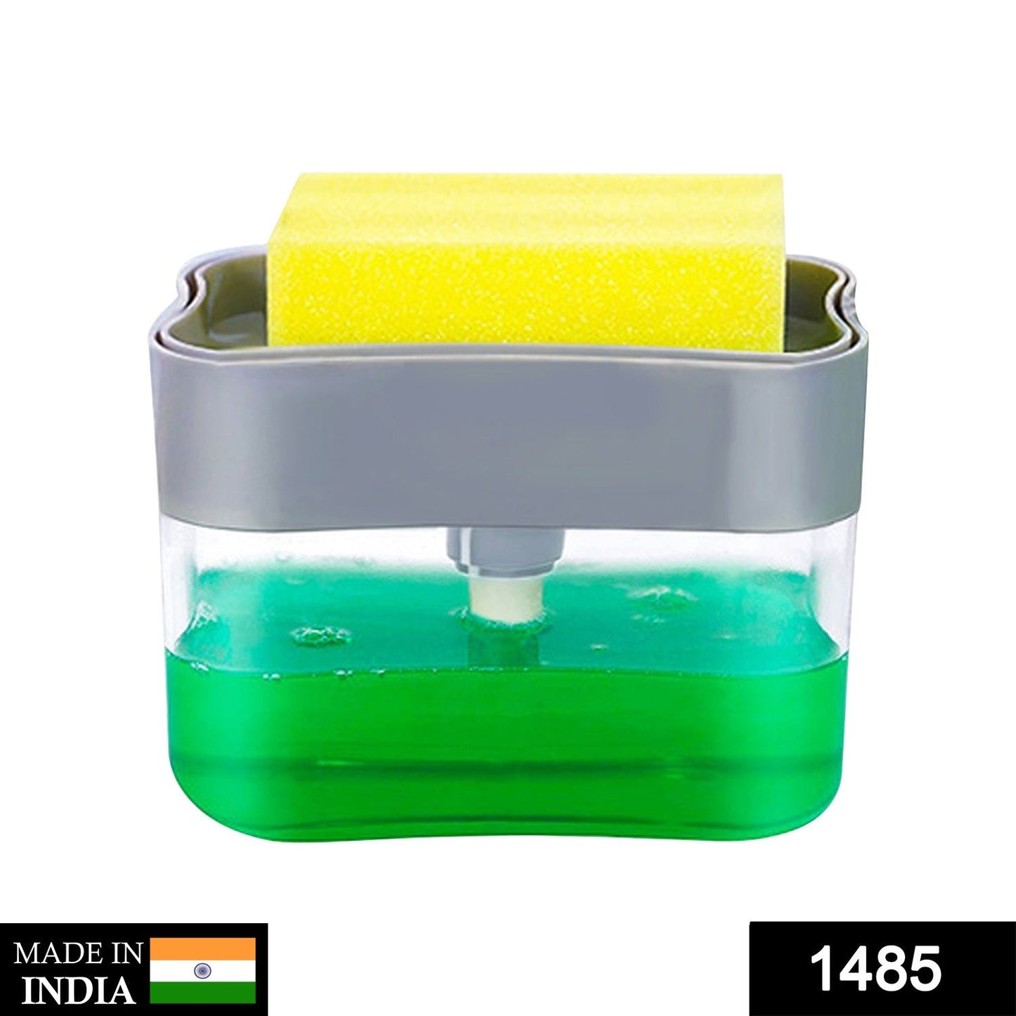 Close-up of a liquid soap dispenser with sponge area. kitchen soap dispenser, sponge holder, 2-in-1 soap caddy, dishwashing soap pump, sink soap dispenser, soap dispenser with tray, kitchen sink organizer