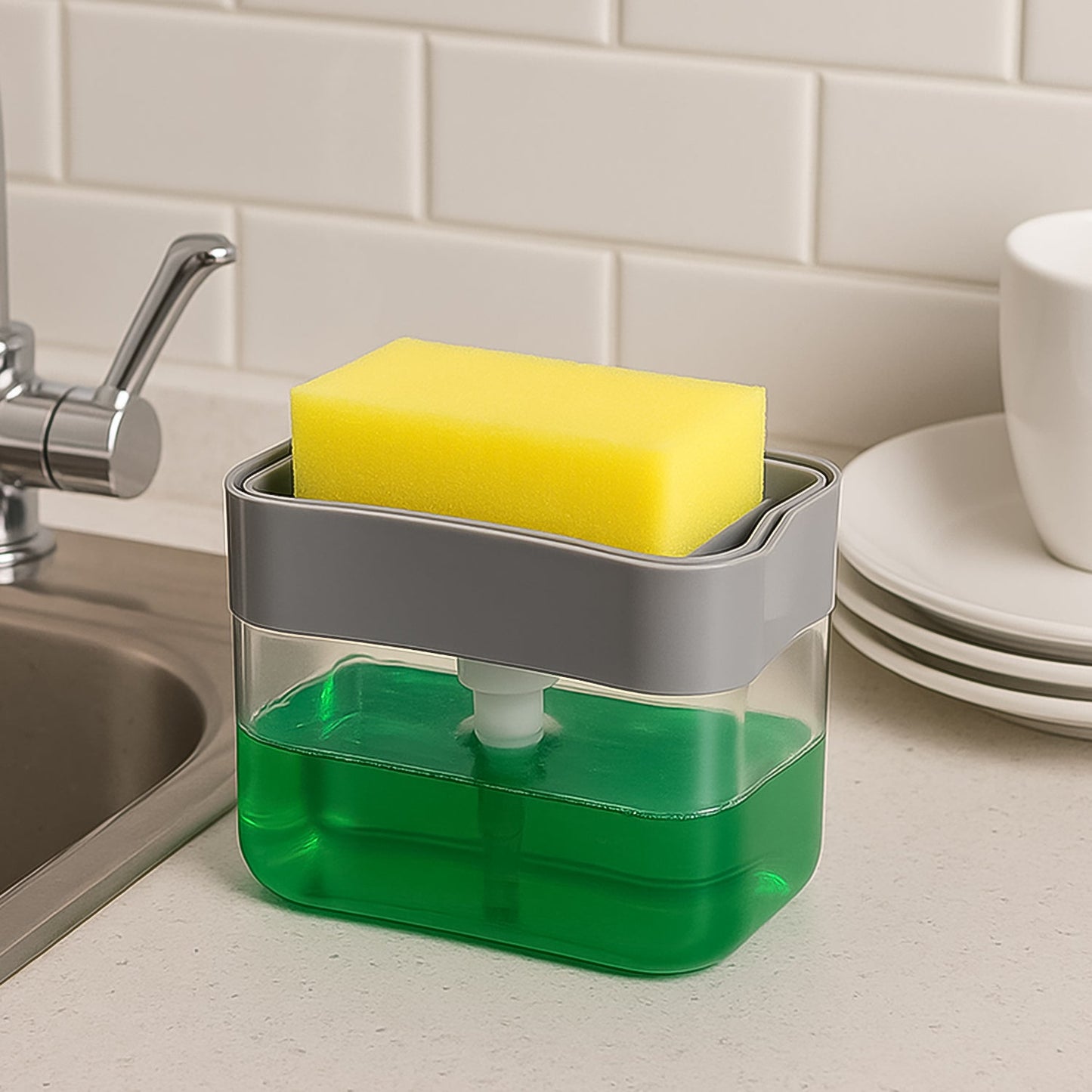 kitchen soap dispenser, sponge holder, 2-in-1 soap caddy, dishwashing soap pump, sink soap dispenser, soap dispenser with tray, kitchen sink organizer