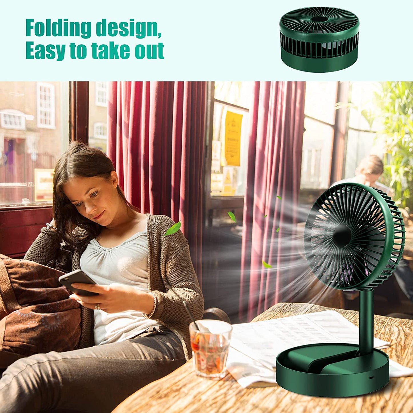 Height-adjustable fan with foldable design. foldable desktop fan, USB table fan, telescopic fan, silent desk fan, portable travel fan, adjustable height fan, mini table fan, personal fan