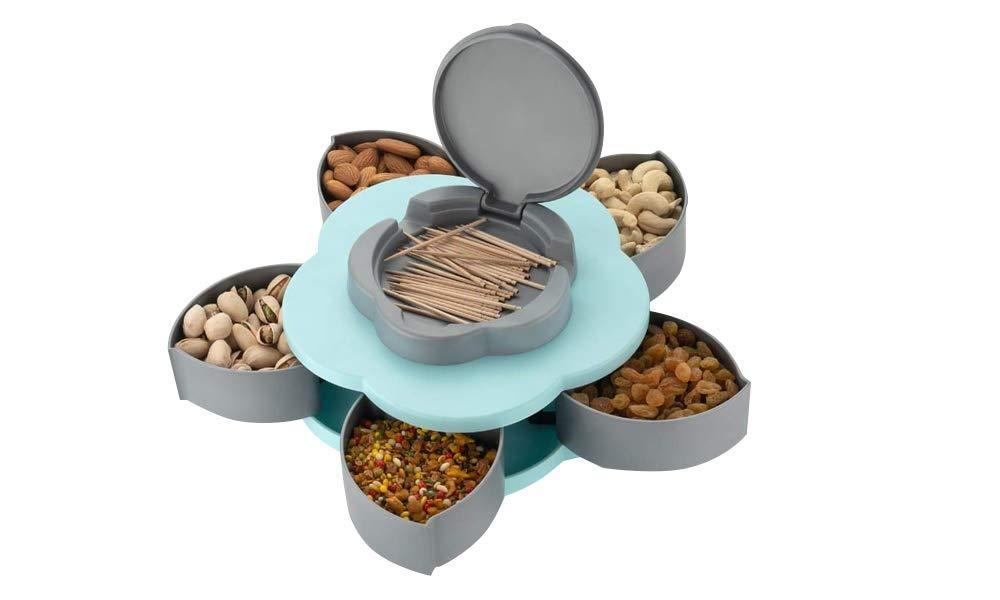 Smart candy box with innovative design. smart candy box, rotating snack box, dry fruit storage container, 5-grid candy organizer, petal-shaped snack box, ABS snack box, twist open candy box