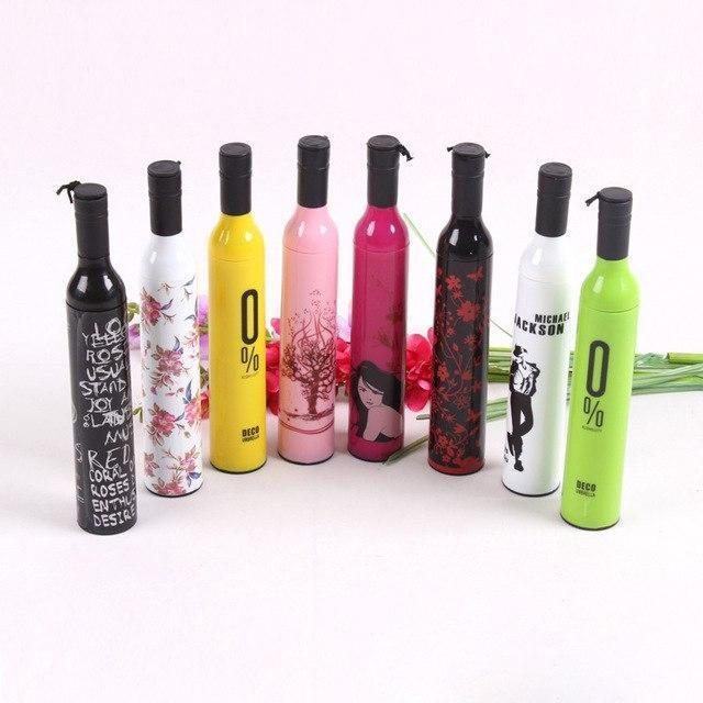 wine bottle shaped folding umbrella with case, compact umbrella that fits in bottle case, pocket size umbrella for travel and rain,