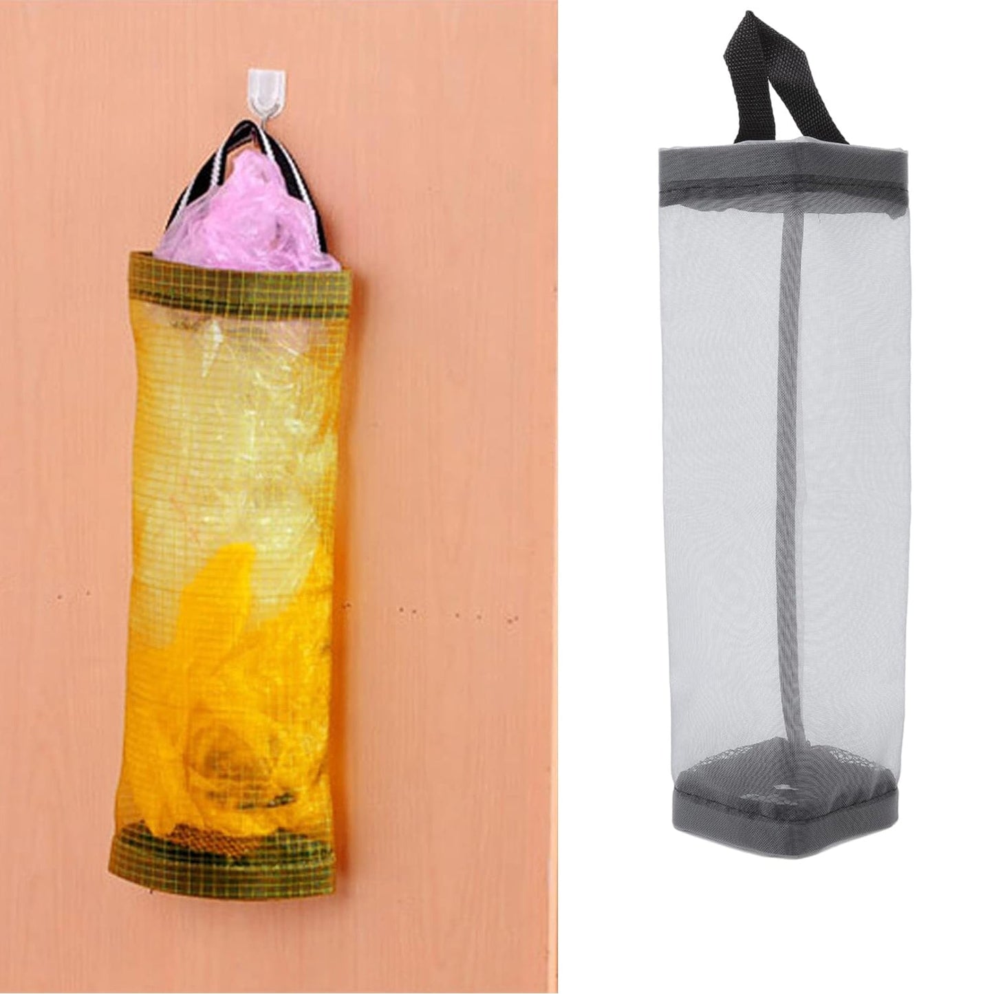 waste bag holder, hanging garbage bag holder, kitchen trash bag holder, over the door dustbin, plastic bag holder, cabinet trash bag holder, hanging waste bin, garbage bag frame