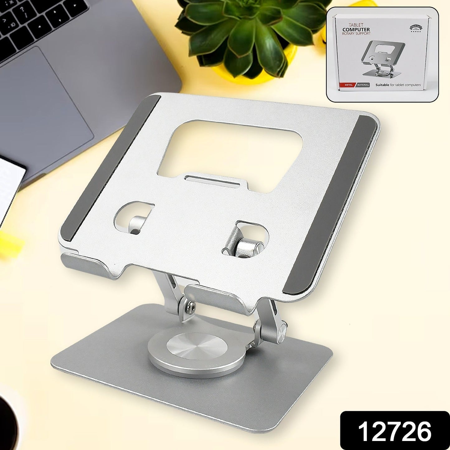 metal tablet stand for office and study, ergonomic tablet stand with adjustable angles, portable foldable tablet desk stand, sleek aluminum tablet holder with 360° rotation