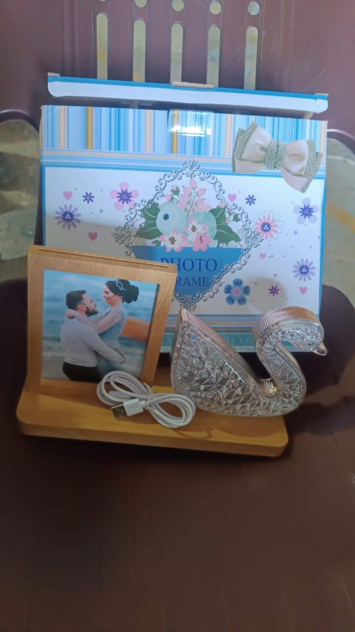 romantic couple night light for bedroom and gifting, duck-shaped LED light with crystal finish and photo slot,