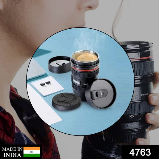 Stainless steel coffee mug with a plastic camera lens design, highlighting the unique shape, camera lens coffee mug, photography mug, coffee mug with lid, 350ml travel cup, DSLR lens mug, coffee gift for photographers, insulated beverage mug