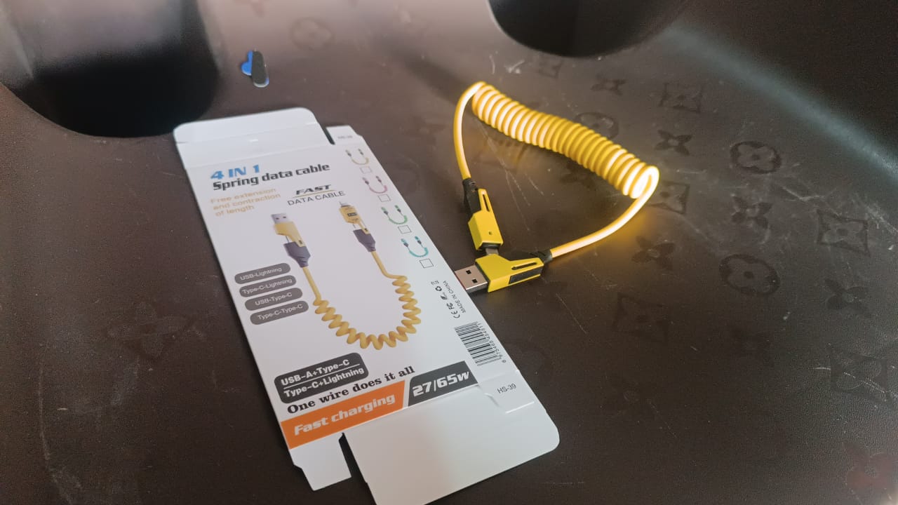 65W coiled USB charger cable, spring charger cable for car and bike, multi device cable with fast charge,