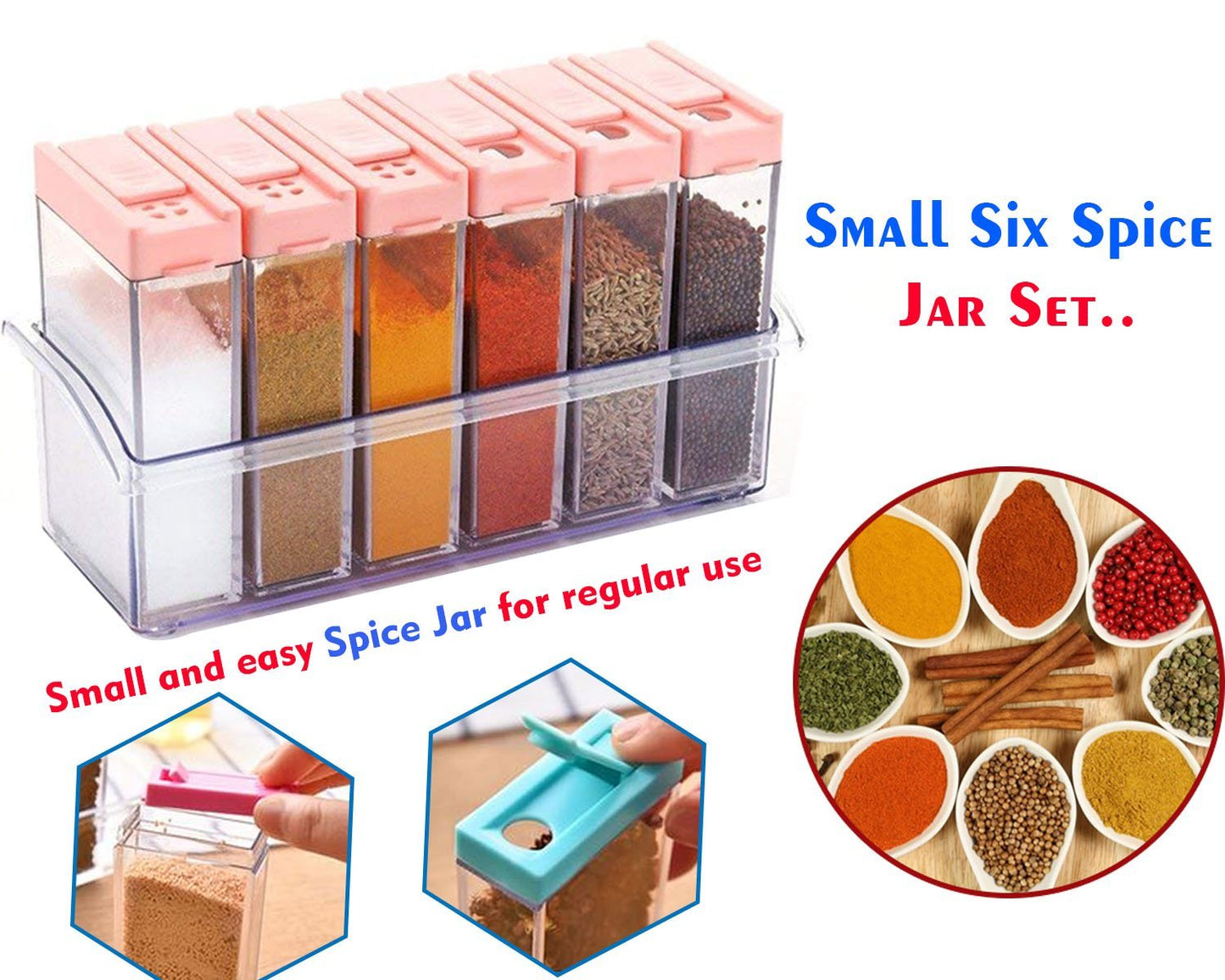 Close-up of multicoloured plastic spice jars. spice jar set, plastic spice container, airtight cereal dispenser, 6 pcs kitchen storage jars, BPA free spice storage, modular spice box, masala container set