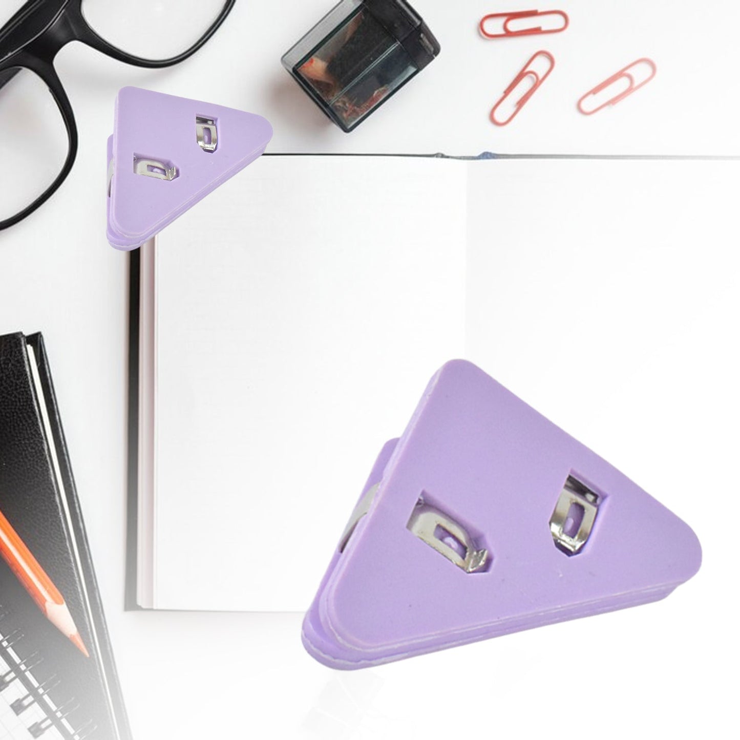 reusable document corner clips in triangle shape, metal triangle paper clip set for files and documents, creative paper clips for students and professionals, 10 piece triangle clip set for papers and assignments, stationery triangle clips for notebooks and study material, easy-to-use corner clips for neat paper management