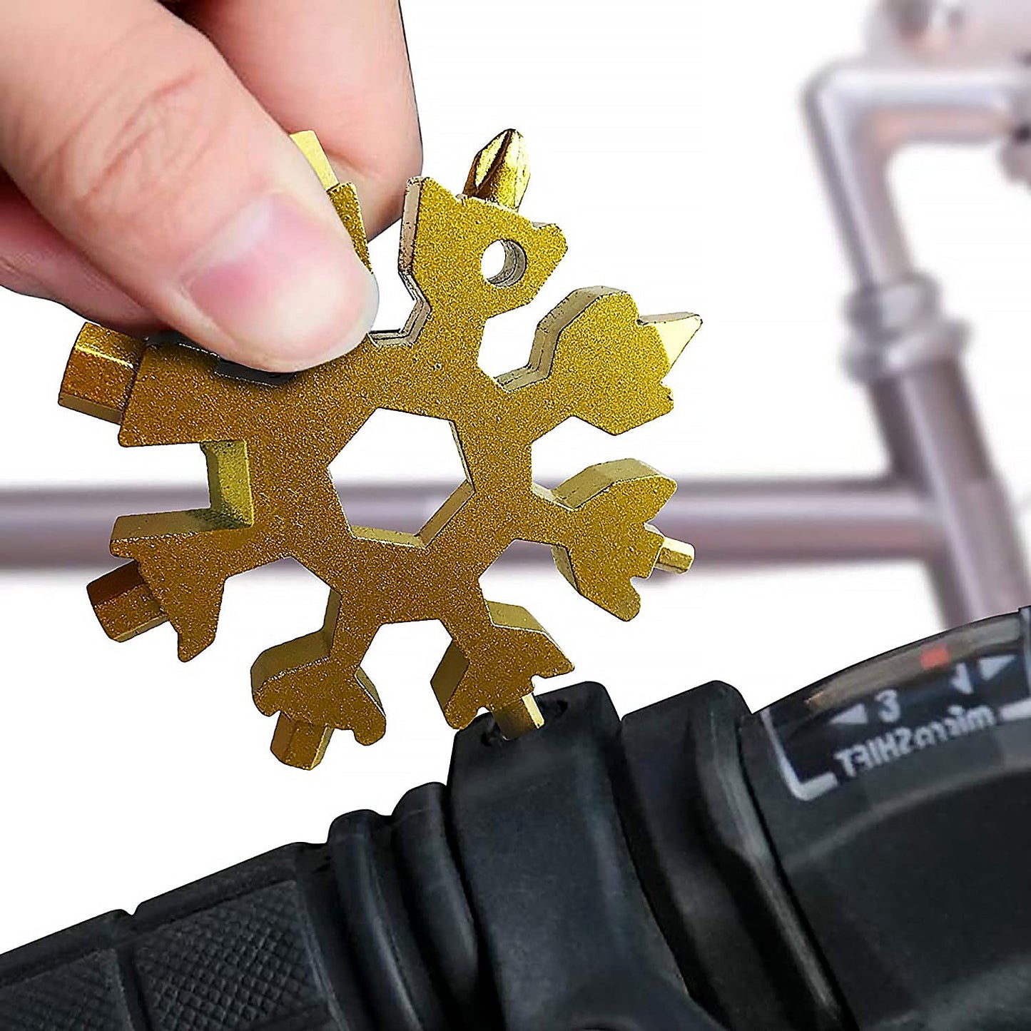 18 in 1 stainless steel snowflake multi tool keychain with wrench and bottle opener, compact EDC tool for travel, camping, and DIY use,