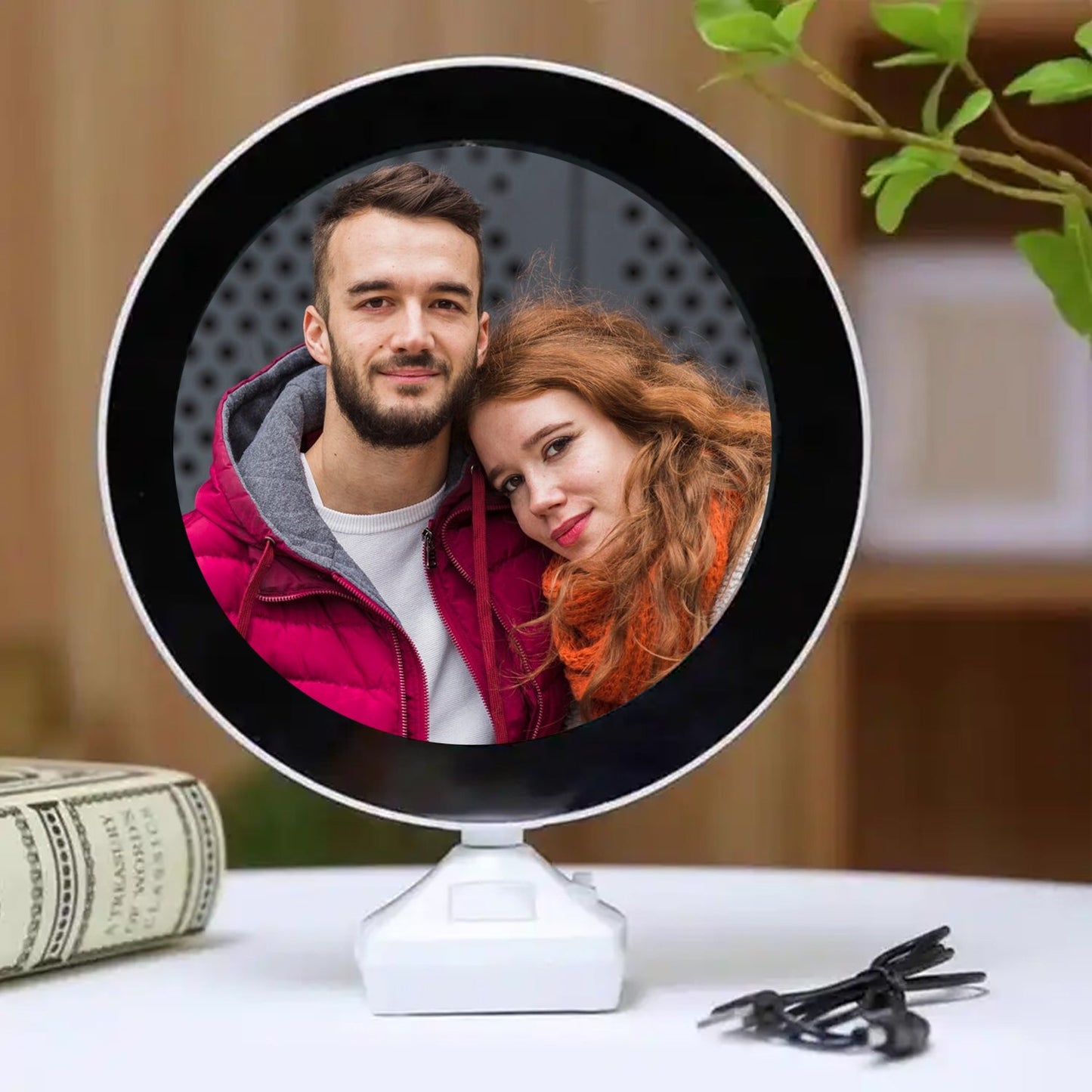 Round LED mirror photo frame for table mounting, used for makeup grooming and decoration