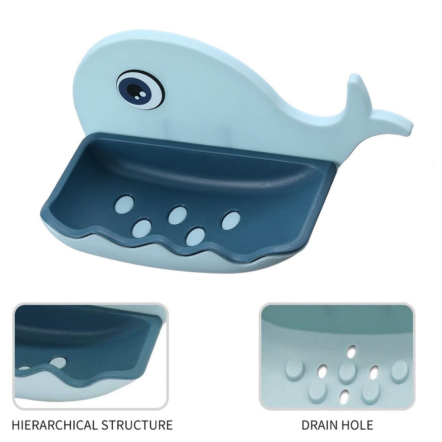 Top-down view of the fish-shaped soap dish, emphasizing its drainage feature and waterproof design, plastic soap dish, wall mounted soap case, fish design soap stand, bathroom soap holder, kitchen soap tray, self drain soap case, waterproof soap box
