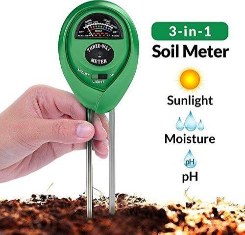 3-way soil meter for moisture, pH, and light testing. soil moisture meter, 3-in-1 soil tester, plant pH sensor, garden soil tester, sunlight meter for plants, plant moisture meter, soil test tool