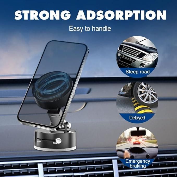 Phone holder with strong adsorption feature on a car dashboard, showing scenarios like steep roads and emergency braking. 360 rotatable mobile holder with vacuum magnetic suction base positioned on car dashboard for hands-free navigation