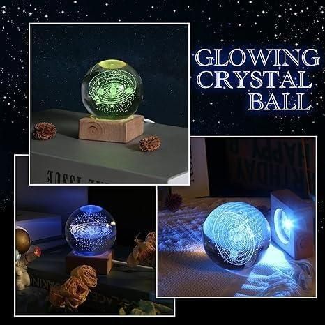 Glowing crystal ball with decorative lighting on a dark background, Crystal ball lamp with adjustable brightness creating colorful ambient lighting in bedroom setting