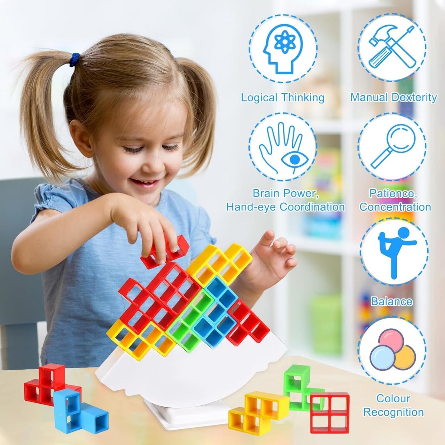Tower balance game with kids and adults stacking blocks