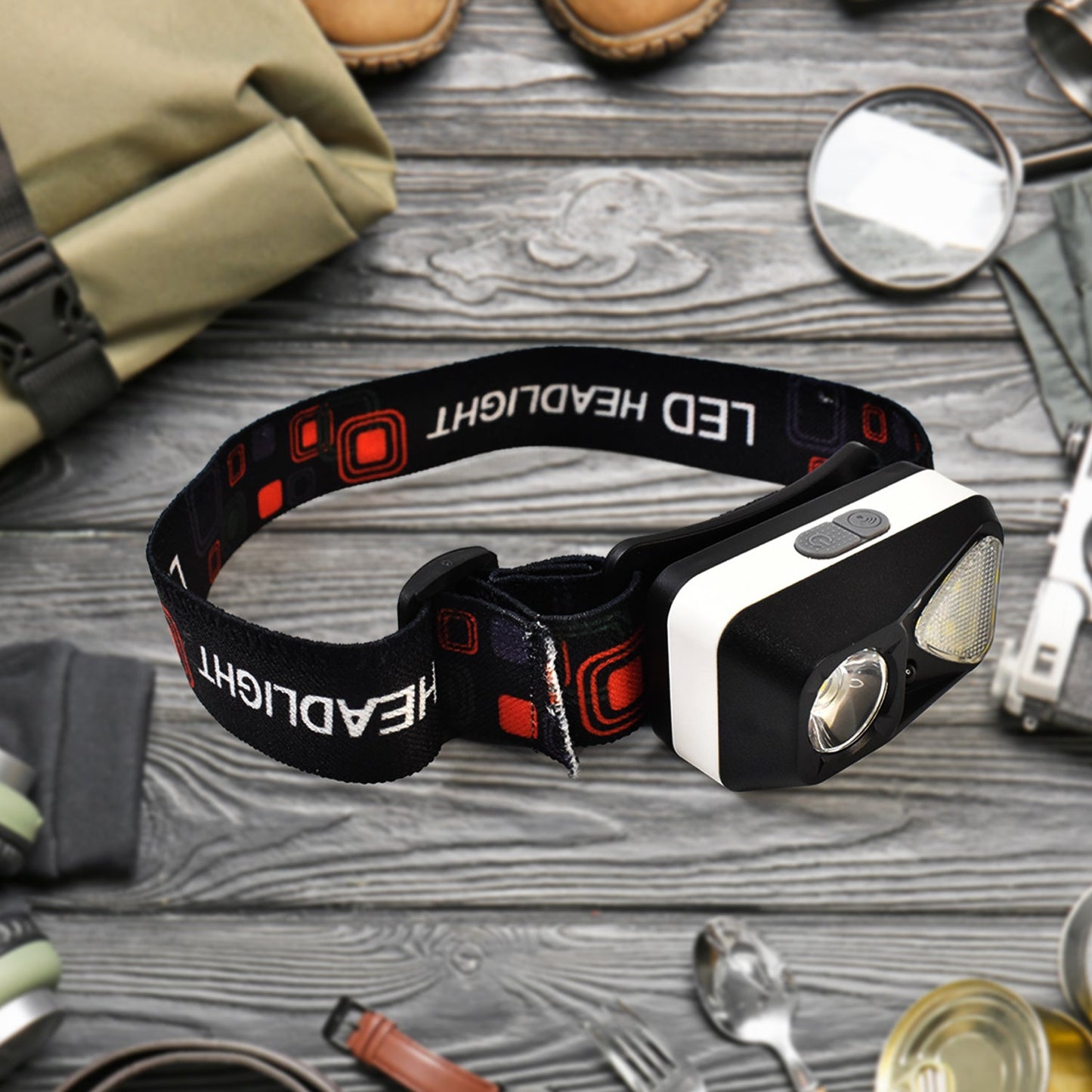 ultra bright headlight for mountain trekking and emergency use, head-worn rechargeable torch for travel and survival