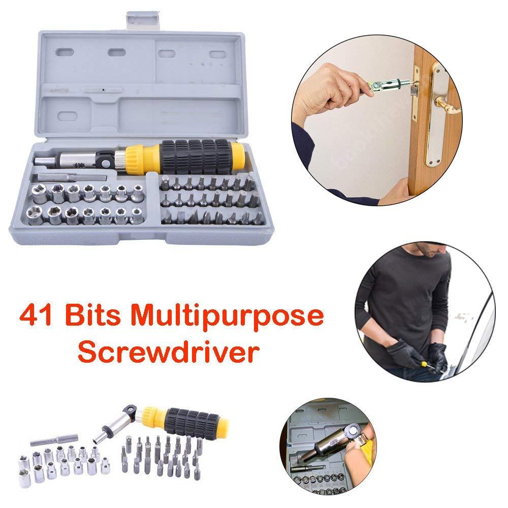 Detailed view of socket and screwdriver tools, socket tool kit, screwdriver set 41 pcs, ratchet wrench set, drill-compatible bit set, chrome tool set, DIY tool kit, socket set with case