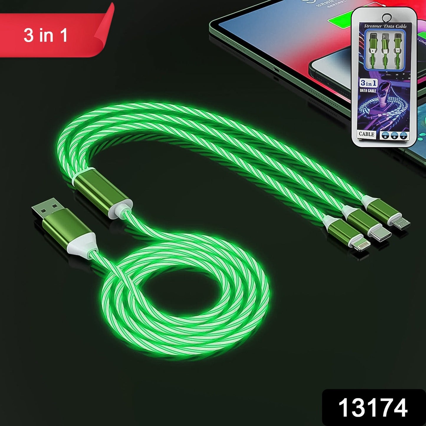 3 in 1 fast charging cable, multi port USB charger cable, light up charging cable, android iphone type c cable, LED USB charging cable, fast charge multi connector cable