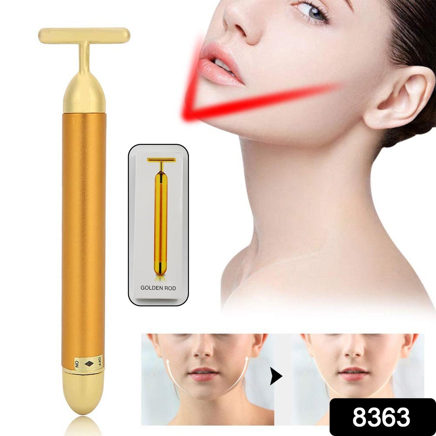 gold face massager, vibrating face massager, facial massage roller, anti aging face massager, skin lifting massager, T shaped face roller, cordless face massager