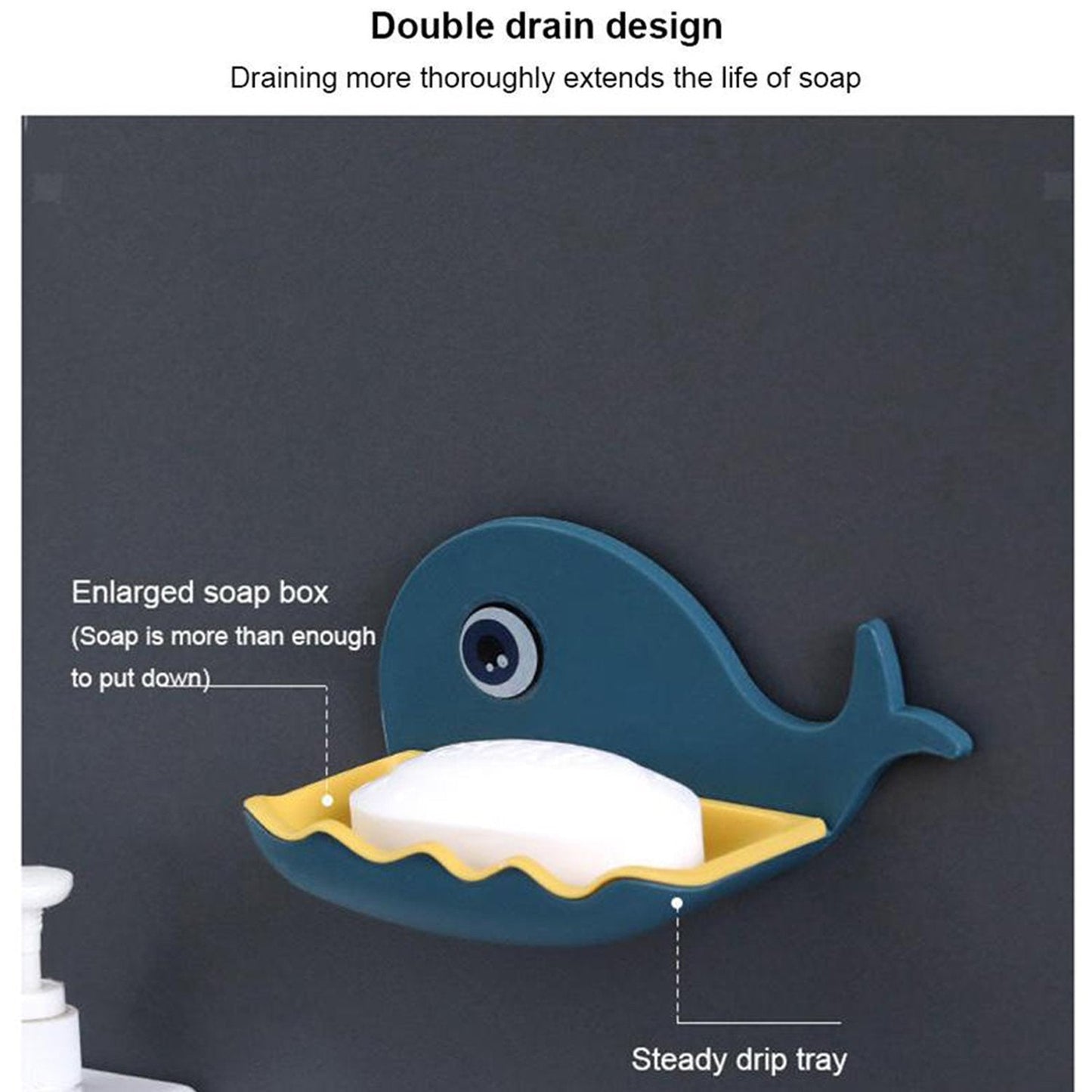 Fish-shaped soap dish with bar soap, showing its functionality and adhesive mounting, plastic soap dish, wall mounted soap case, fish design soap stand, bathroom soap holder, kitchen soap tray, self drain soap case, waterproof soap box