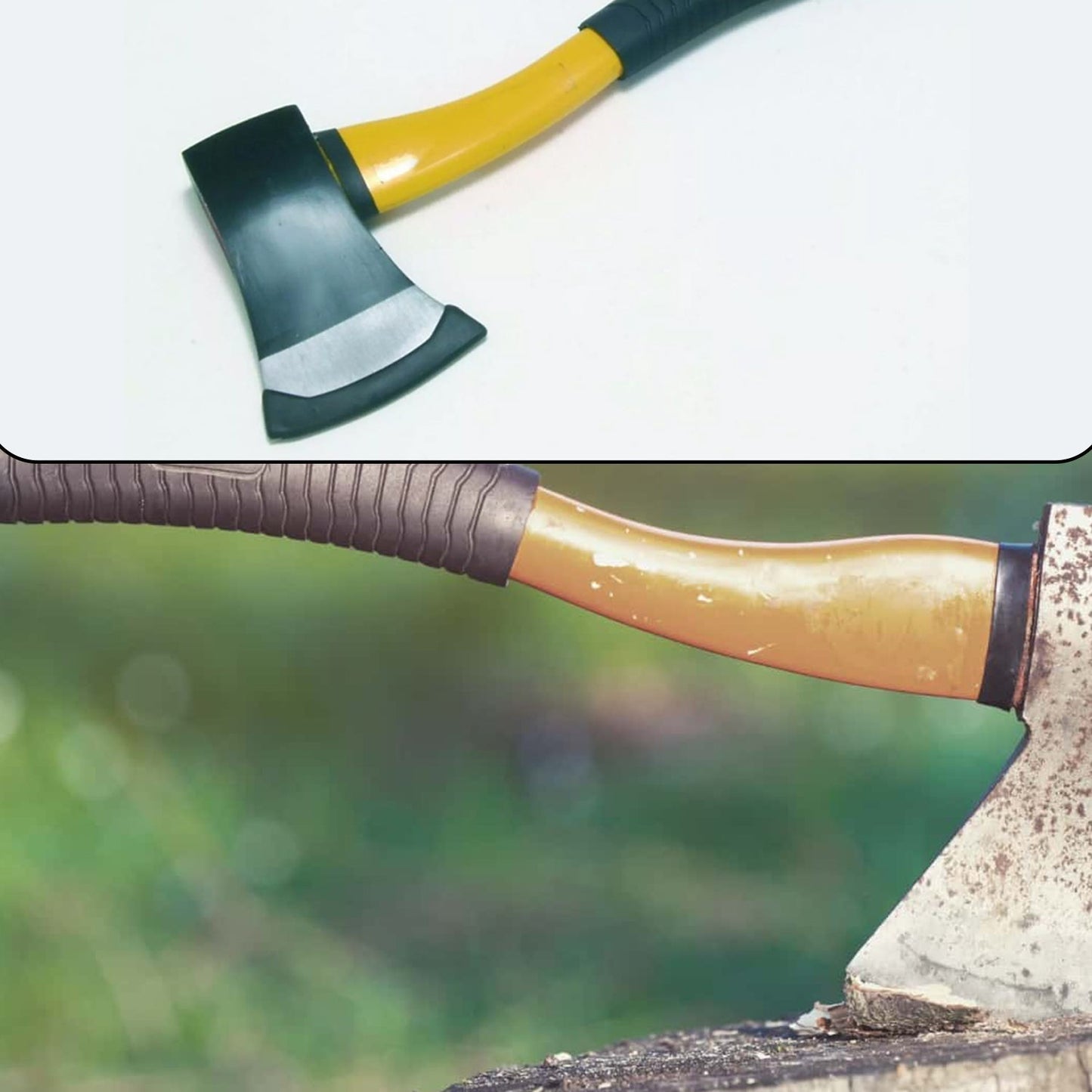 Wood cutting axe featuring a rubberized handle and fiberglass body, designed for efficient cutting, hatchet axe, fiberglass axe, wood cutting axe, gardening axe, camping hatchet, outdoor axe, safety axe, lightweight axe, rubber grip axe, 685g axe