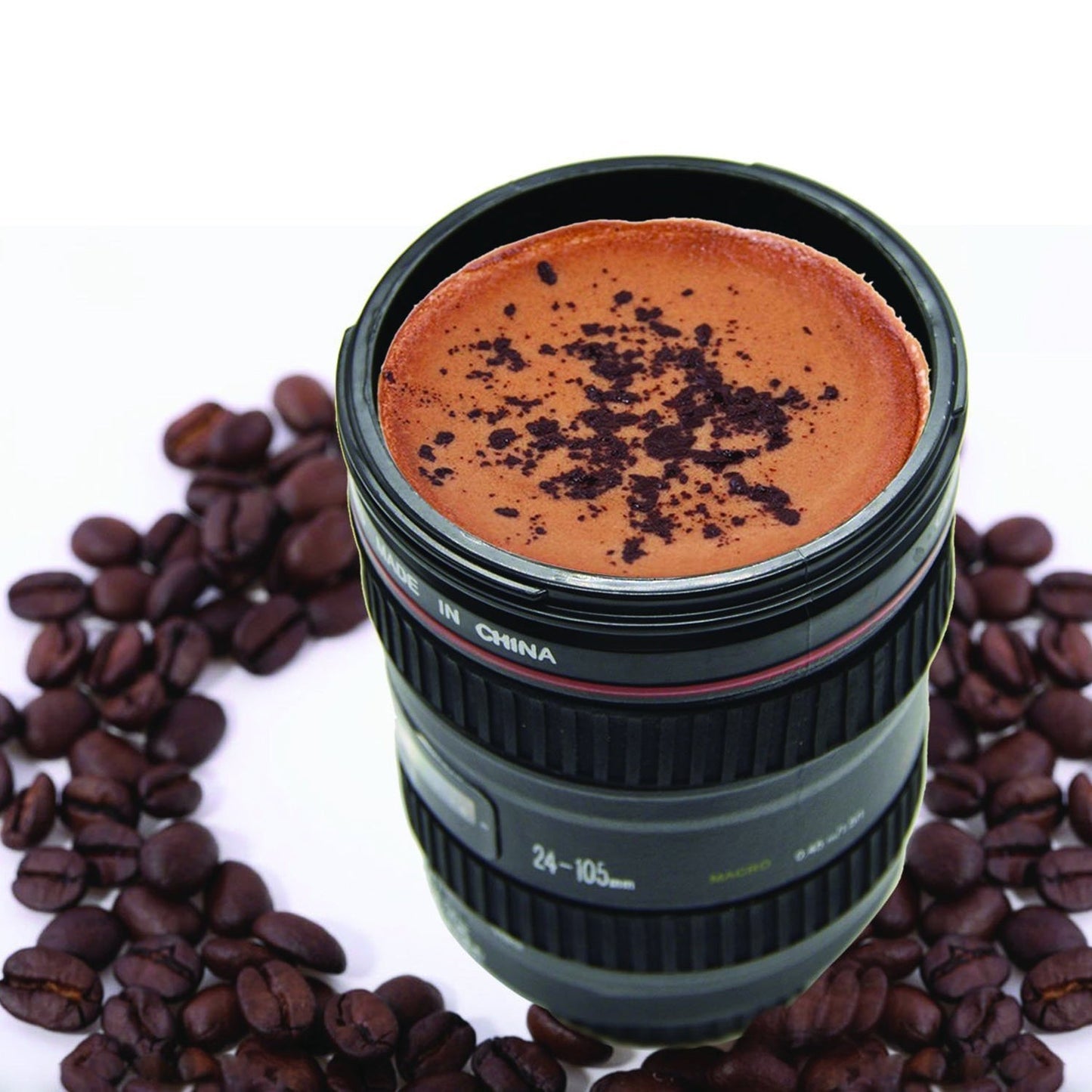 Stainless steel mug with a plastic camera lens design, showcasing its distinctive appearance, camera lens coffee mug, photography mug, coffee mug with lid, 350ml travel cup, DSLR lens mug, coffee gift for photographers, insulated beverage mug