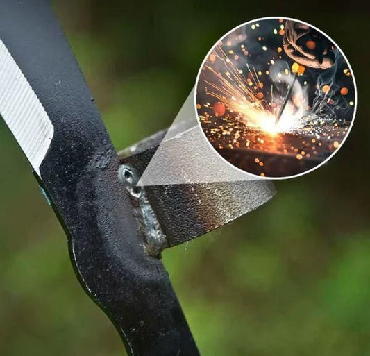 Close-up of a metal tool with welding action inset showing sparks. Portable grass sickle cutter head demonstrating scythe mode for wheat harvesting and lawn mowing