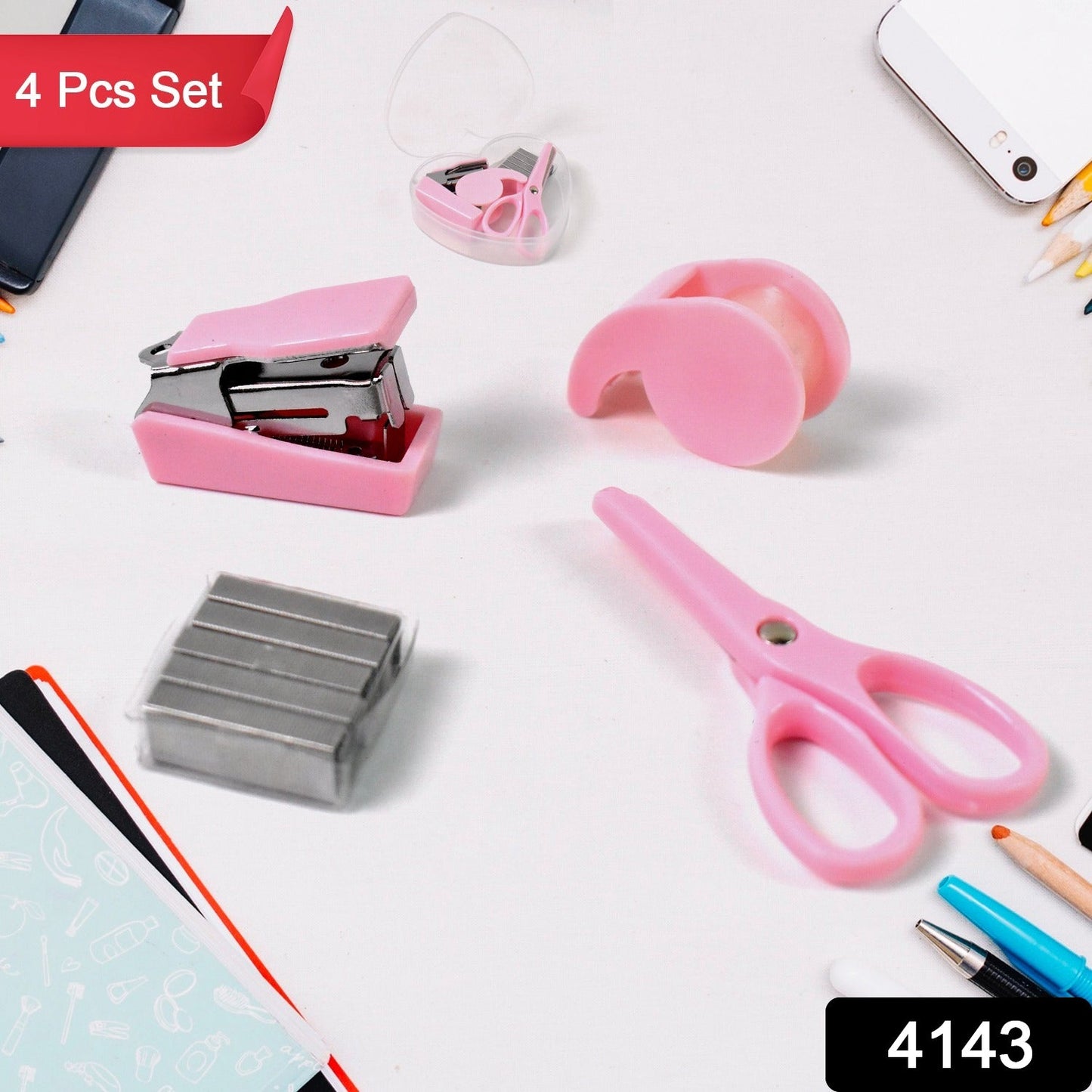 mini stationery set, compact office kit, stapler and scissors set, portable office tools, travel office stationery, tape dispenser mini, bottle pack stationery