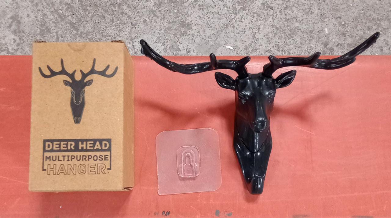 Deer head hook with self-adhesive backing for convenient hanging. deer head wall hook, self adhesive hanger hook, wall mount hook, decorative wall hanger, no drill wall hook, deer hook for bag hat, vintage wall hook
