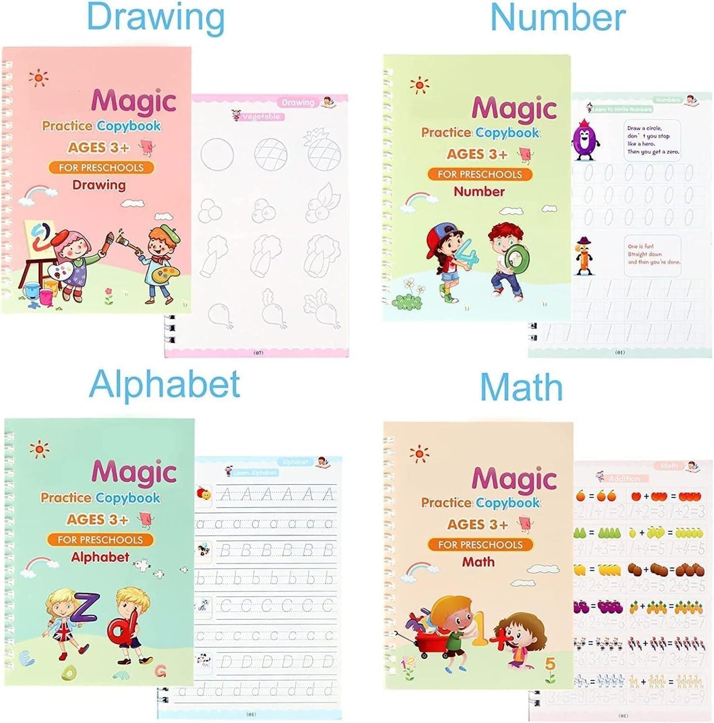 best Sank Magic practice copybook set with 4 books and pen in India, reusable handwriting practice kit with grip and 10 refills, Sank Magic reusable writing copybook for kids, handwriting practice workbook set with pen and grip, kids reusable handwriting kit with refill pages,