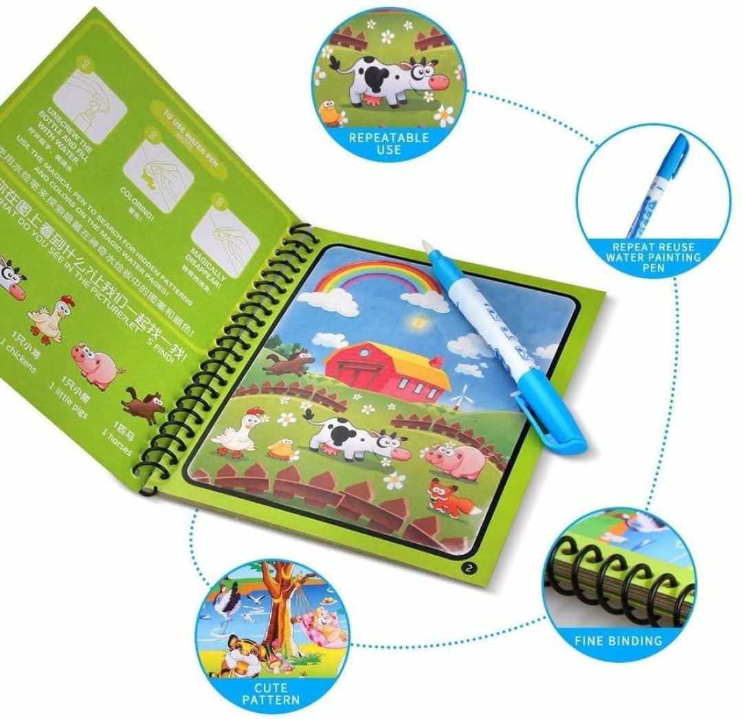 reusable coloring book with quick dry technology, mess-free magic water drawing book for toddlers, kids magic water coloring book with pen, quick dry reusable coloring book for creative kids,