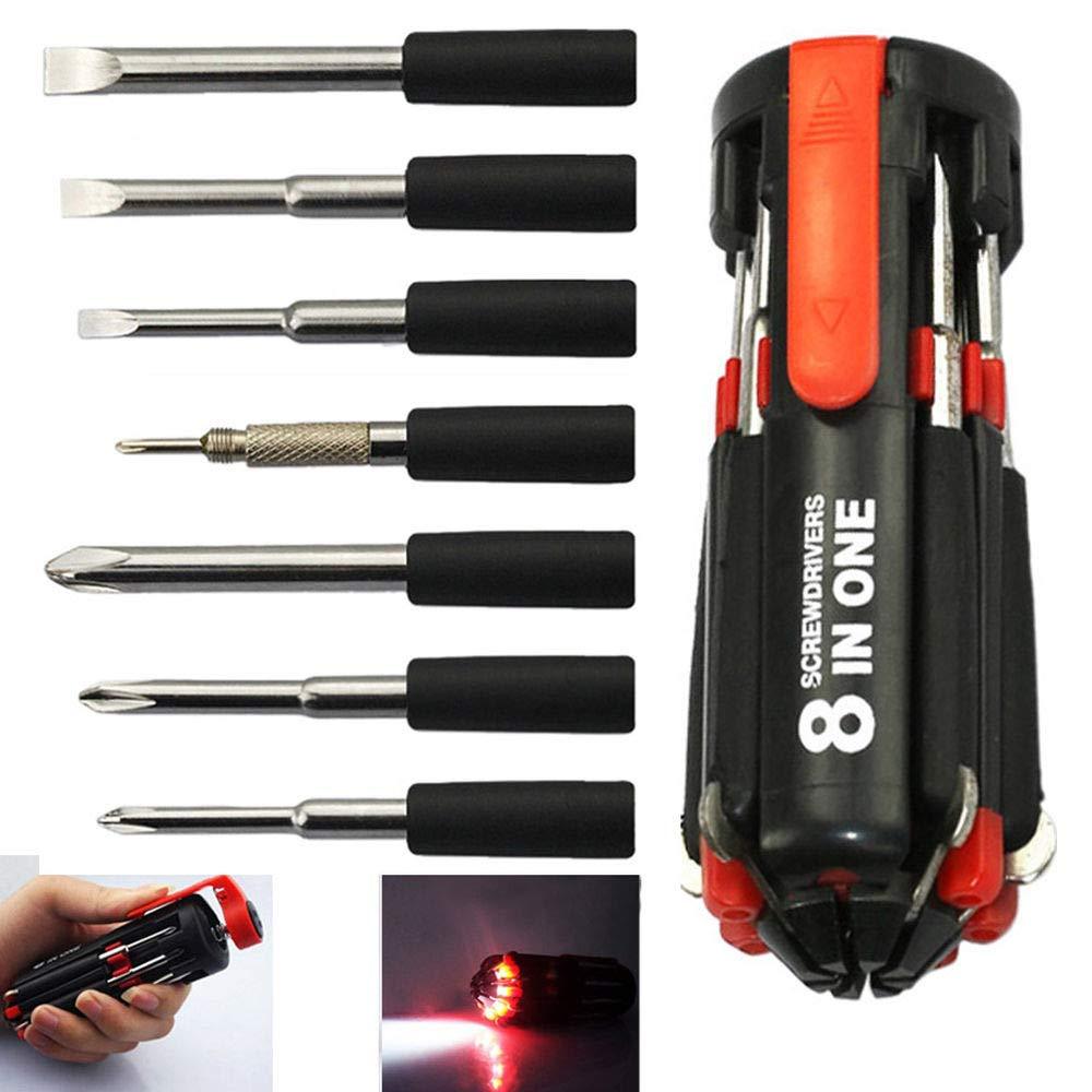 LED torch integrated into screwdriver kit, 8 in 1 screwdriver kit, multi-tool with LED light, folding screwdriver set, portable tool with torch, compact repair tool, mini LED toolkit