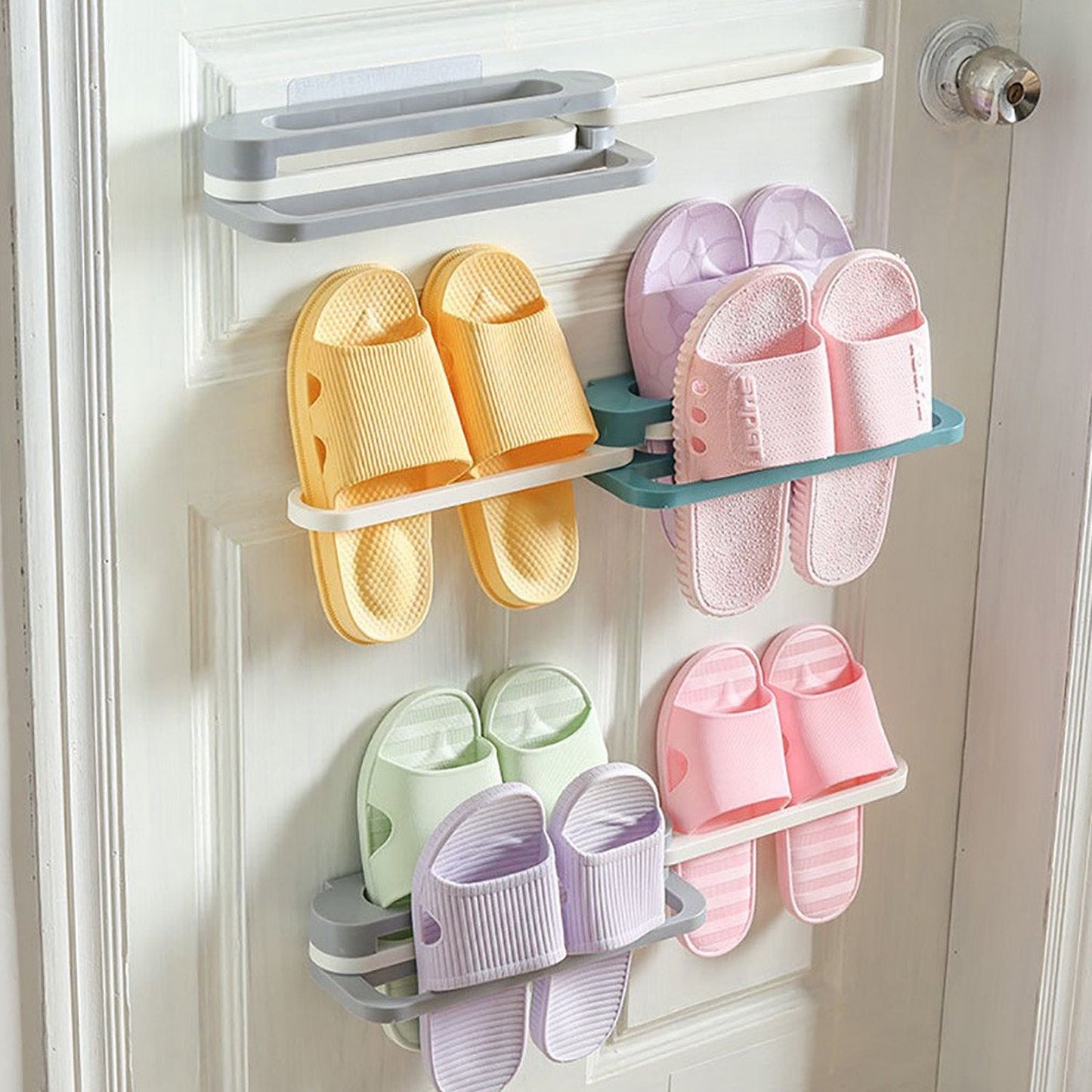 corner wall mounted shoe rack with towel hanger, compact folding slipper storage solution India