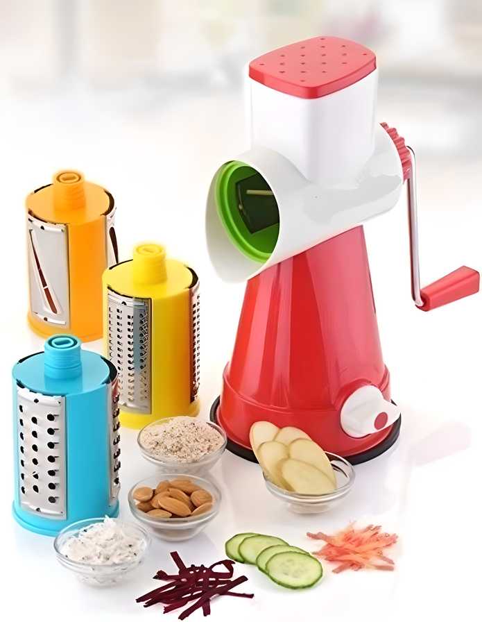 4 in 1 Rotary Drum Vegetable Grater & Slicer – Multifunction Kitchen Cutter with 4 Stainless Steel Drums, vegetable grater, rotary grater, drum slicer, vegetable slicer, cheese grater, 4 in 1 slicer, vegetable cutter, kitchen slicer, vegetable shredder, drum grater, 4 in 1 rotary drum vegetable grater and slicer, multifunctional vegetable cutter with stainless steel blades, vegetable grater with 4 drums, best rotary grater in India, manual vegetable slicer and grater, kitchen tool for slicing and grating, d