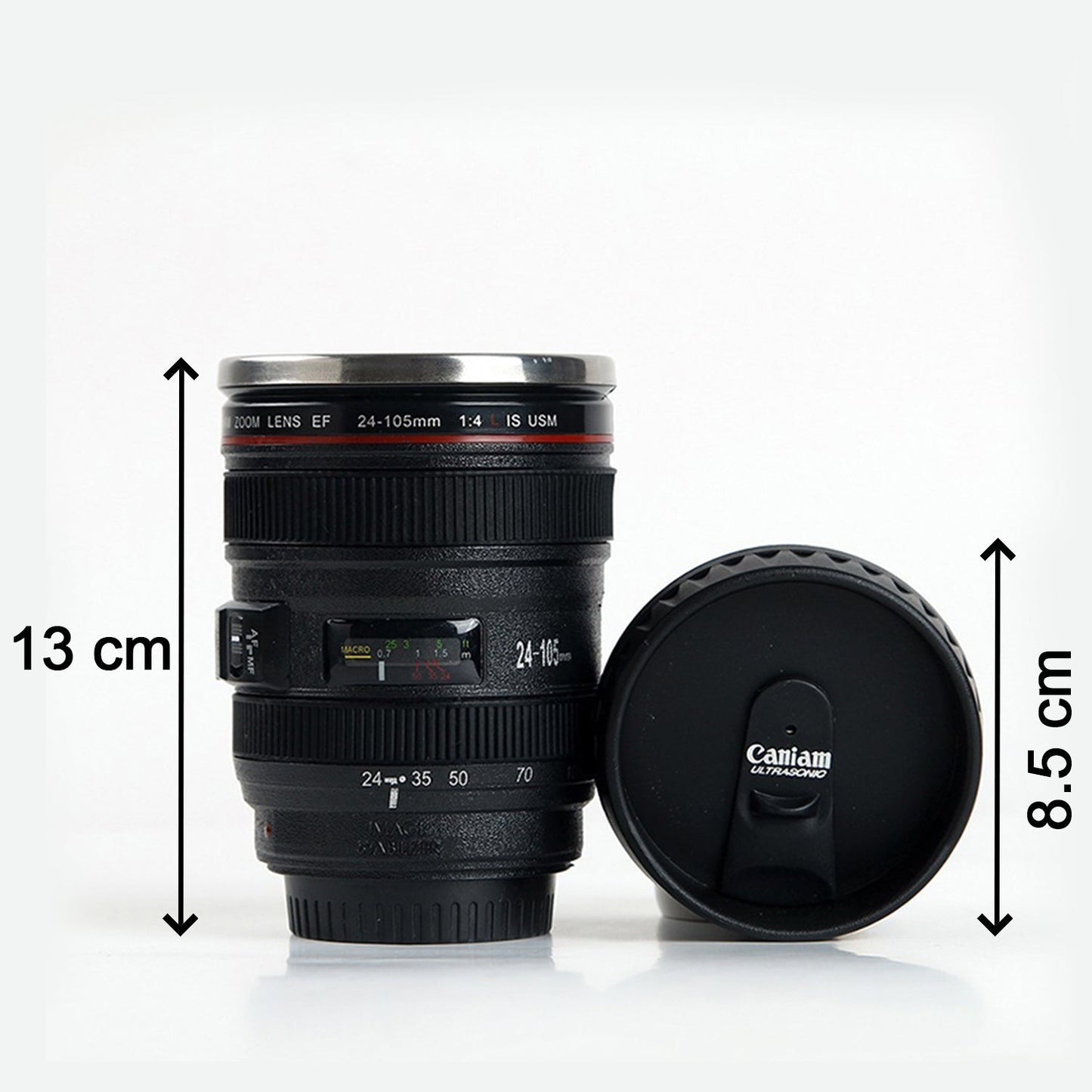 Camera lens inspired stainless steel coffee mug, focusing on the unique lens design, camera lens coffee mug, photography mug, coffee mug with lid, 350ml travel cup, DSLR lens mug, coffee gift for photographers, insulated beverage mug