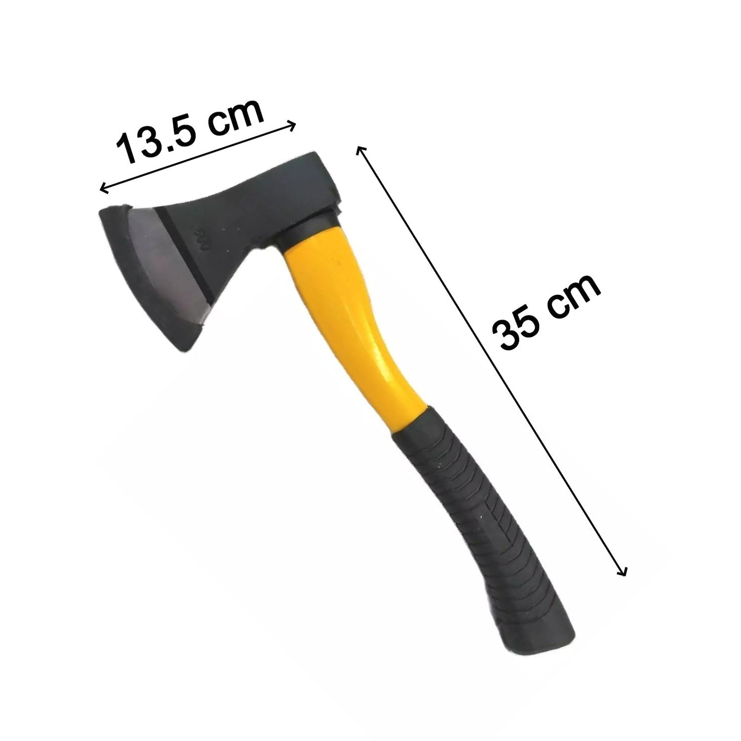 Detailed view of the wood cutting axe, highlighting its fiberglass construction and rubber handle, hatchet axe, fiberglass axe, wood cutting axe, gardening axe, camping hatchet, outdoor axe, safety axe, lightweight axe, rubber grip axe, 685g axe