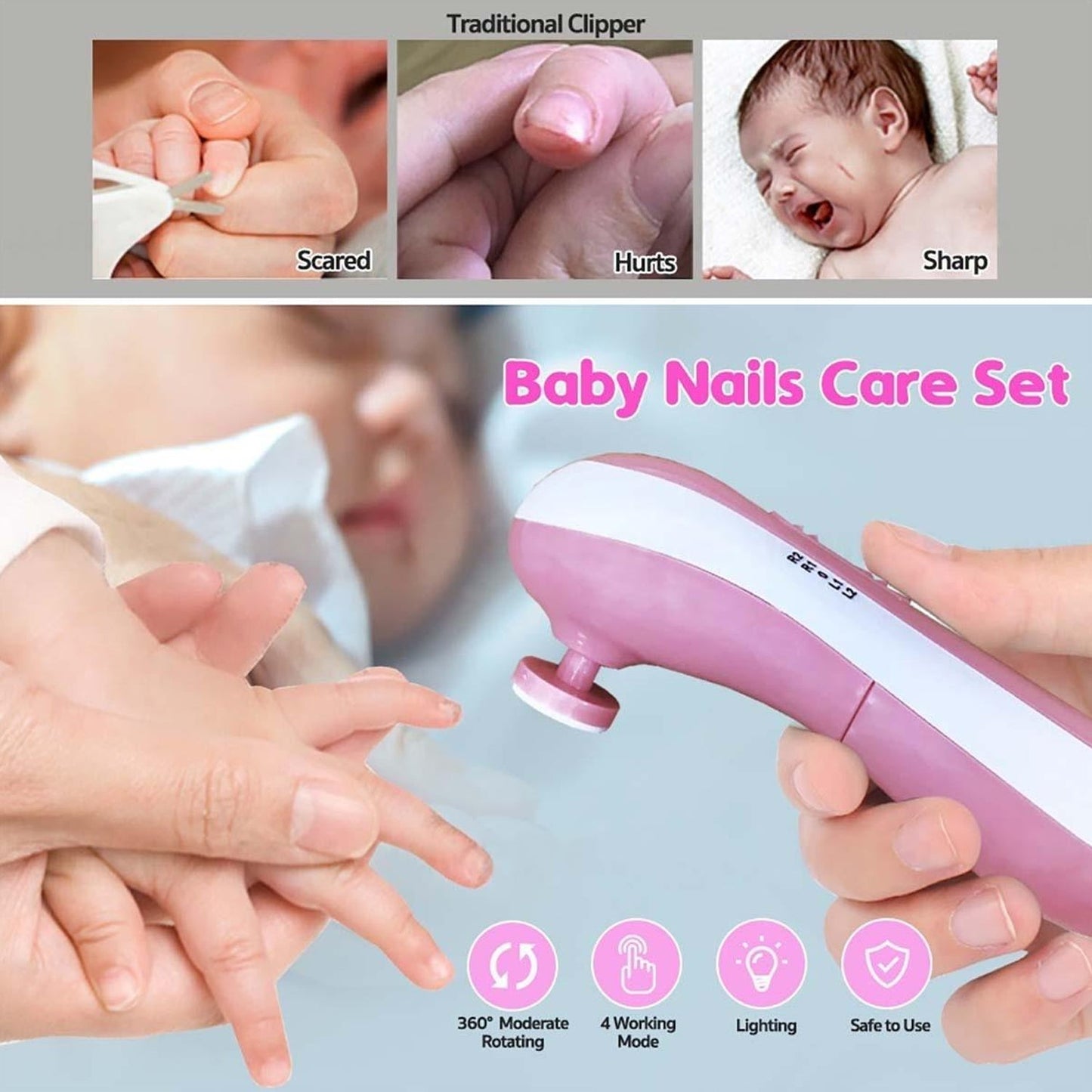 Electric nail trimmer for babies with grinding tips, baby nail trimmer, electric nail file for baby, newborn nail cutter, nail trimmer with LED light, baby grooming tool, safe nail file, toddler nail cutter