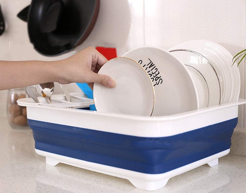 Silicone dish drying rack with utensil storage, collapsible design. collapsible dish drying rack, folding kitchen drainer, silicone dish rack, drying tray with utensil holder, rustproof dish drainer, compact dish drying rack, camping dish drainer, countertop dish tray, dishwasher safe dish rack, kitchen drying stand