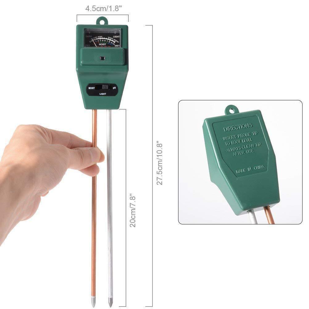 Soil meter for pH and moisture level measurement. 3-in-1 soil meter, gardening soil tester, moisture and pH meter, plant light sensor, soil analyzer for garden, no battery soil tool