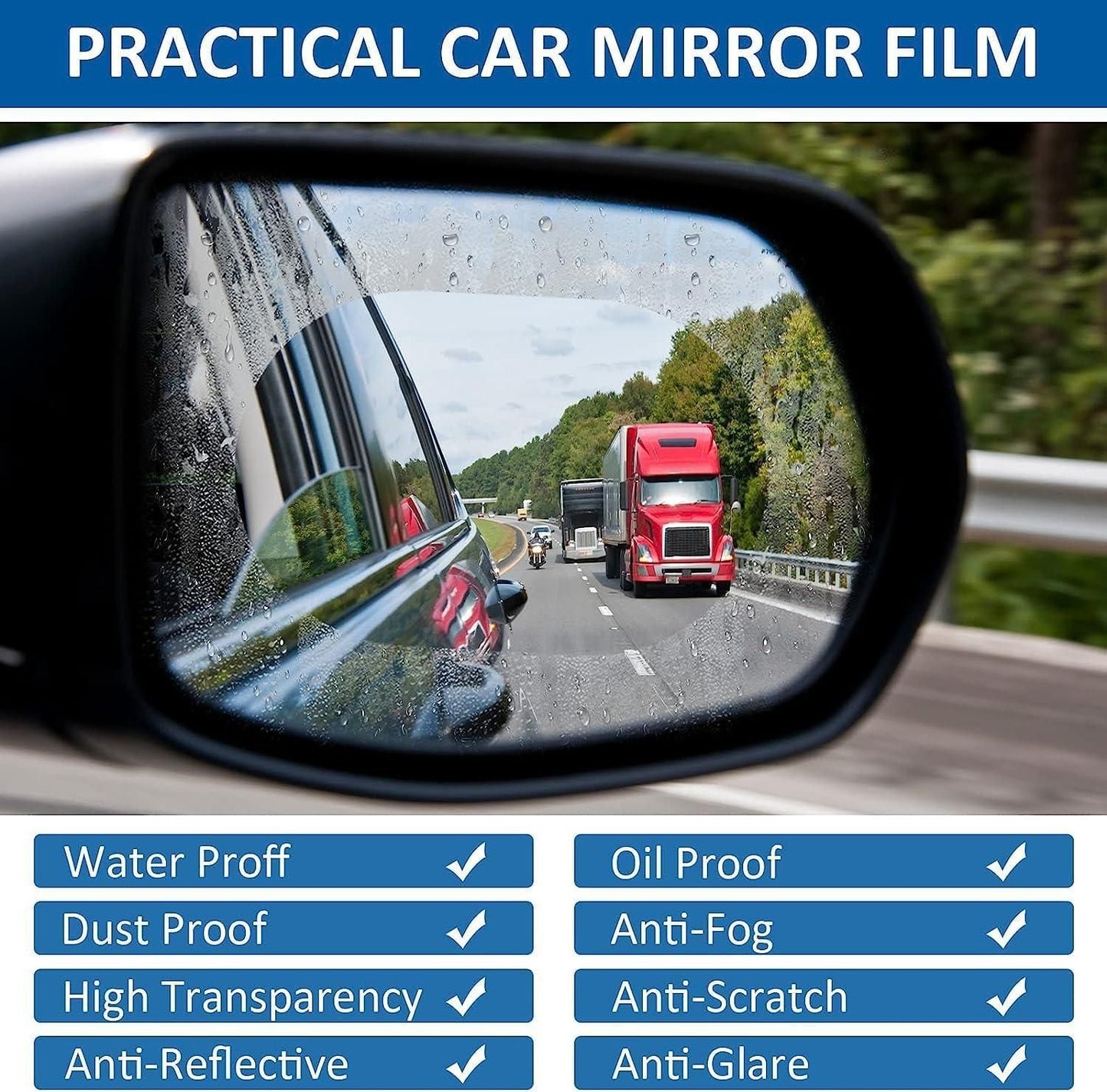 car mirror anti mist and waterproof film, high clarity anti fog mirror film for cars, anti glare rainproof film for side mirrors, fog resistant mirror protector for Indian roads, durable anti mist film for car rearview mirrors, universal size rainproof car mirror film, side mirror anti fog film for better visibility