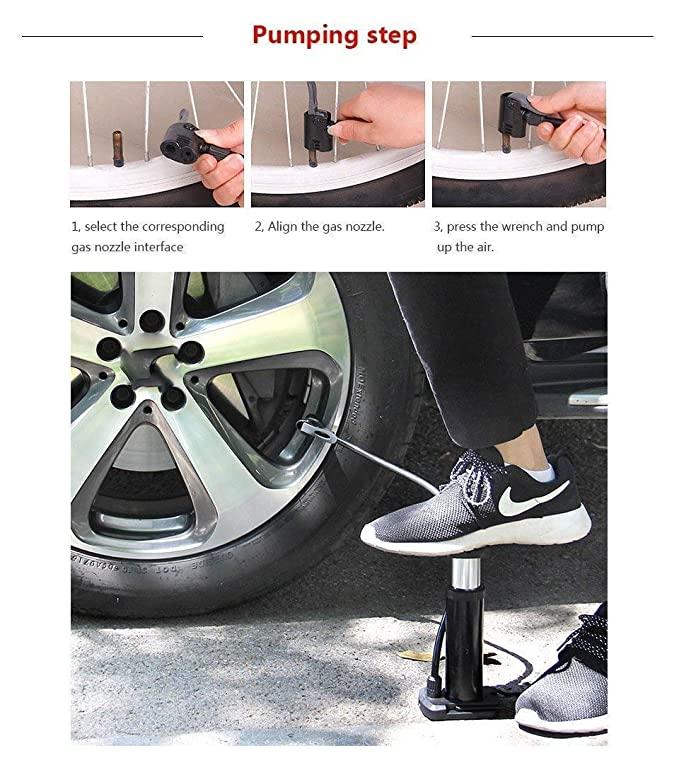 foot-operated tyre pump, tyre pressure gauge pump, portable foot pump, manual air pump for tyres, aluminium and plastic pump, foot air pump for vehicles, compact foot tyre inflator, foot pump with gauge, tyre inflator for car and bike
