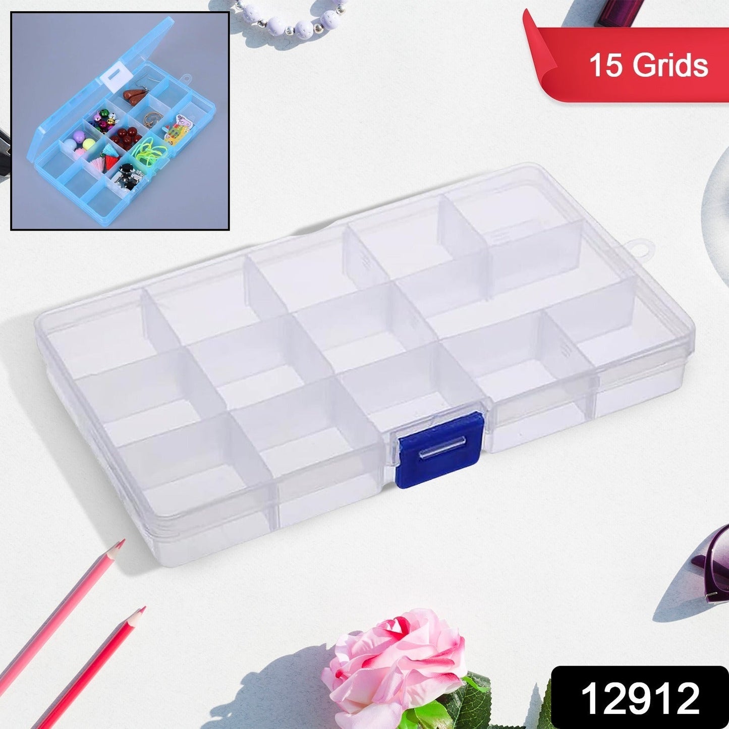 15-grid clear plastic jewelry organizer box, transparent jewelry storage box with compartments, multi-compartment organizer for earrings and rings, plastic jewelry box with adjustable dividers, jewelry organizer box for beads and small items,