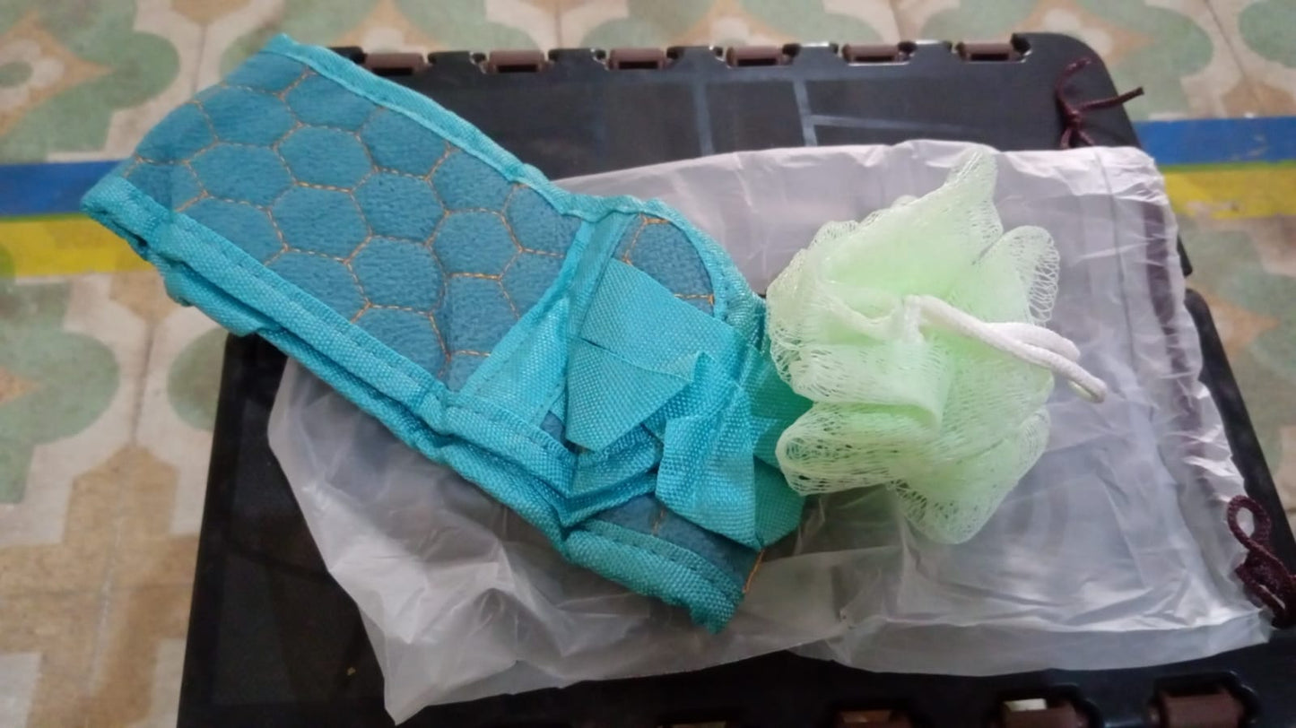 shower exfoliating tool for personal hygiene, combo body scrub brush and sponge for full body care