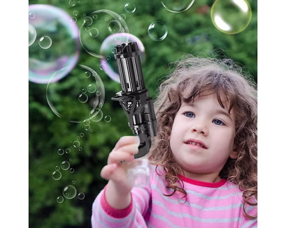 8-hole Gatling bubble blower, automatic bubble machine toy, fun bubble gun with bubble water, outdoor bubble toy for toddlers, battery-operated bubble gun for children, colorful bubble gun for kids play, kids Gatling bubble blower toy, bubble shooter toy for outdoor fun, electric bubble gun for toddlers