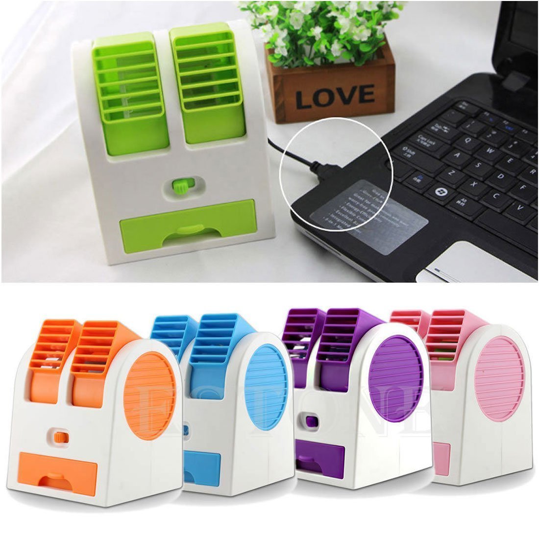 Dual bladeless air conditioner for efficient cooling. Mini USB cooling fan, portable air conditioner fan, personal desk AC fan, mini humidifier fan, USB fragrance fan, mini desktop fan, travel cooling fan