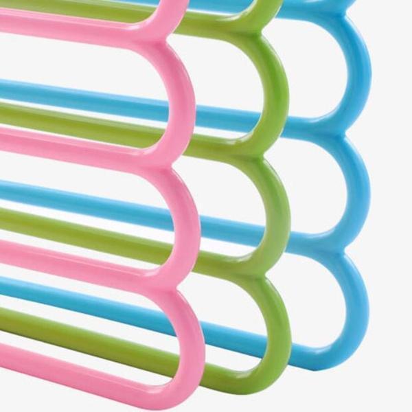 Assorted 5-layer plastic hangers with space-saving design. multipurpose plastic hanger, 5 in 1 hanger, clothes organizer, closet space saver, non-slip plastic hanger, trouser hanger, scarf belt tie organizer, wardrobe hanger set