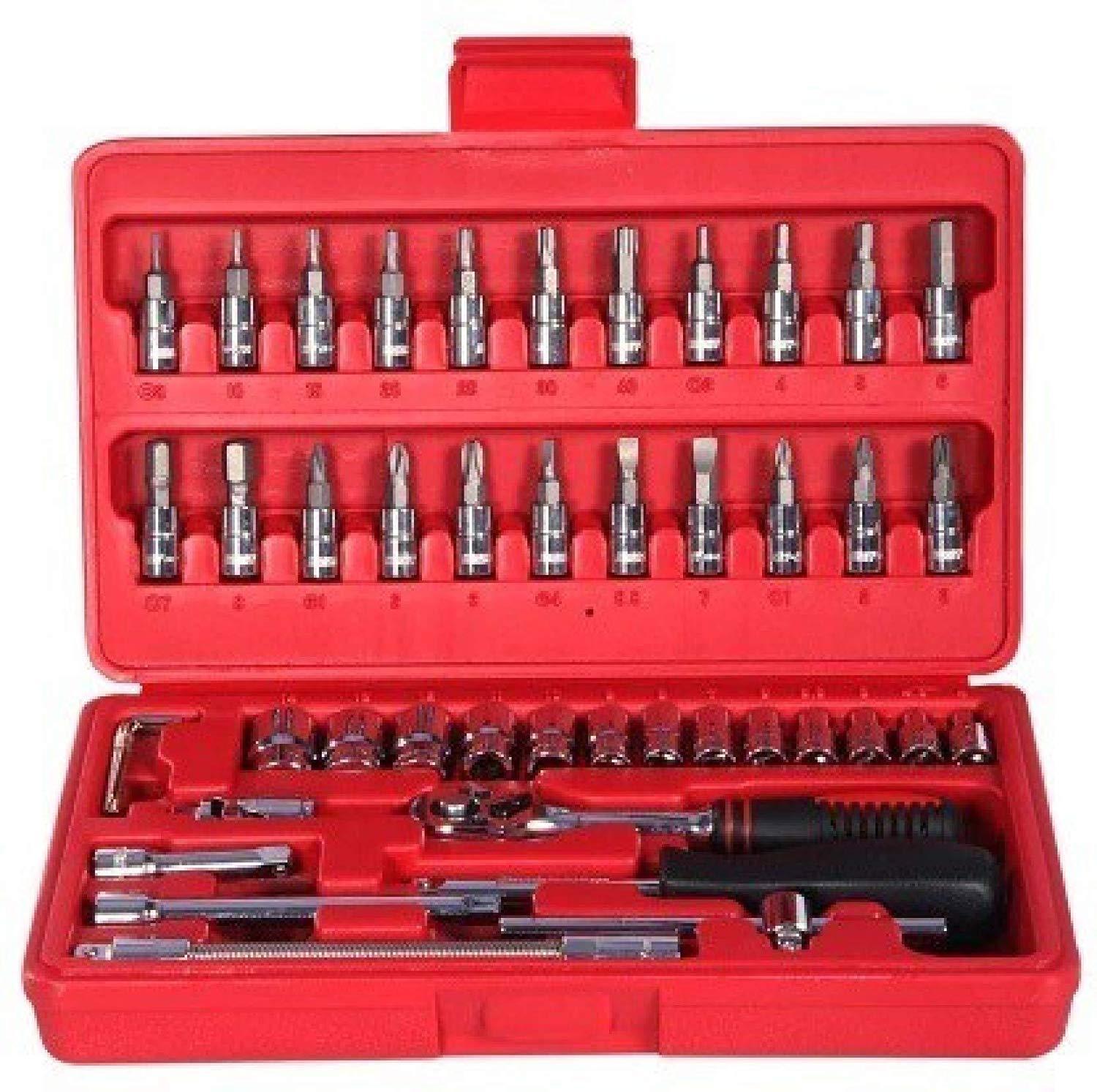 socket tool kit, 46 pcs tool set, car repair tool kit, bike repair toolkit, 1/4 inch socket set, ratchet socket set, multipurpose tool kit, red toolbox set